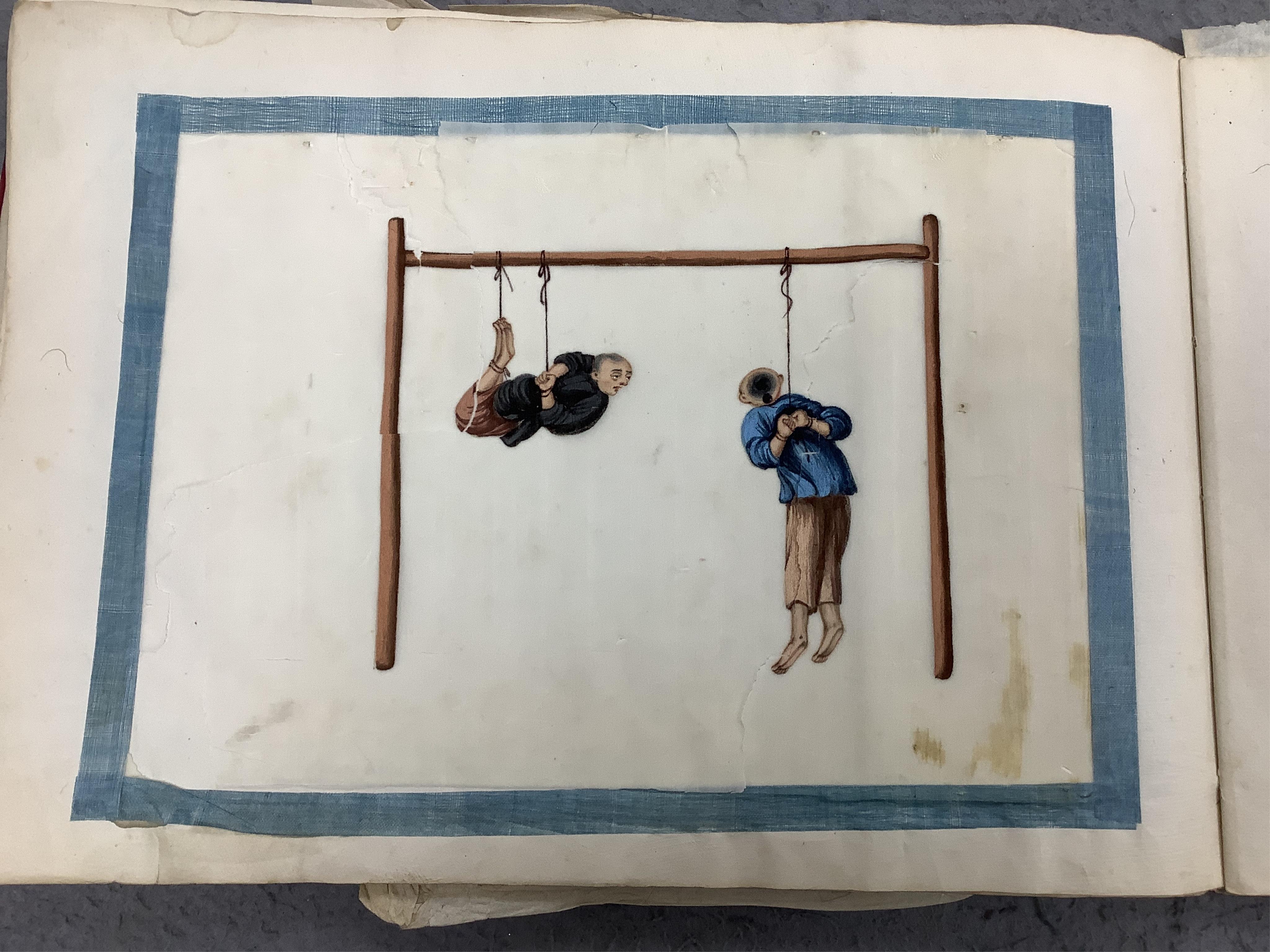 Chinese paintings on rice paper, torture themes, 30cm wide. Condition - variable